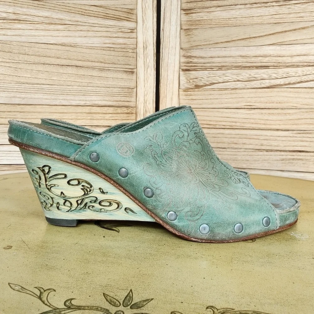 Neosens EU 38 US 7.5 8 Anthropologie Green Leather Wedge Sandals Mules Boho